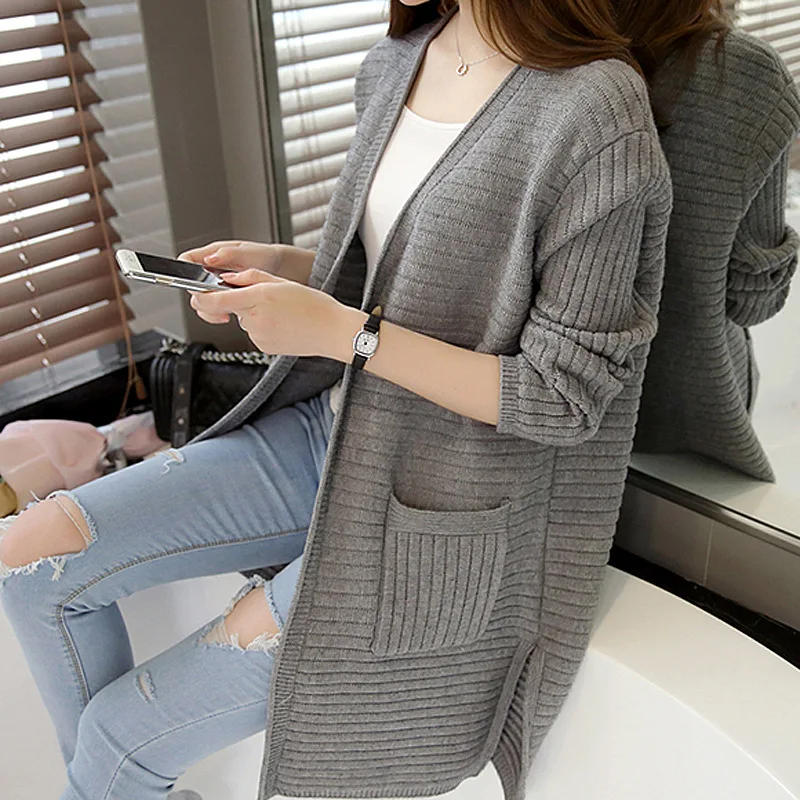 

GOOHOJIO Korean Style V-neck Knitted Sweaters Women Thin Cardigan Fashion Long Sleeve Sun Protection Top Ropa Mujer Big Pocket