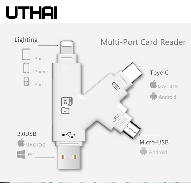 Флэш накопитель UTHAI C11 Lightning 4 в 1 устройство для чтения карт SD TF USB C на MicroUSB Type Iphone 7 8