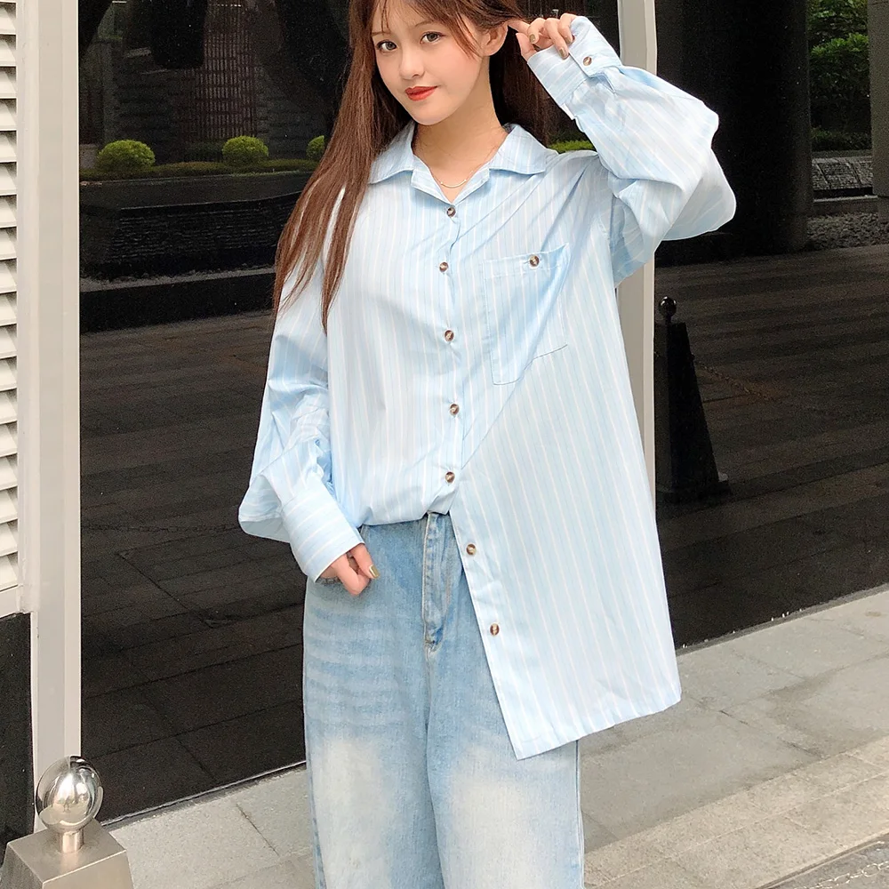 Autumn 2019 loose plus size stripe shirt female women casual blue and yellow large Blusa woman good quality womens blouse |