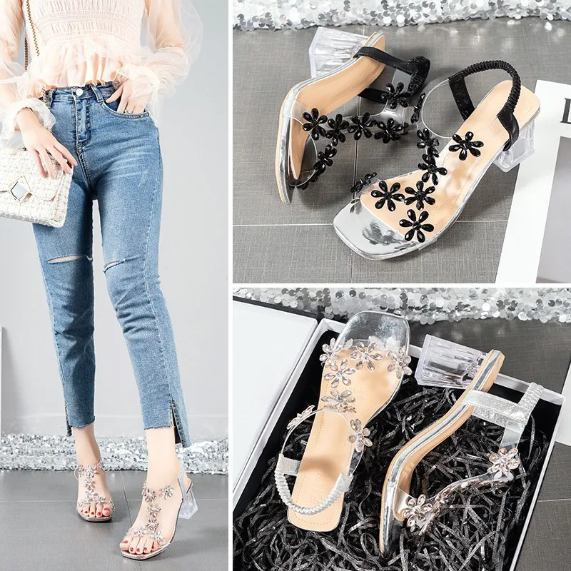 

2021 summer net red high-heeled square sandals women's thick heel diamond new fairy shoes open toe women's shoes