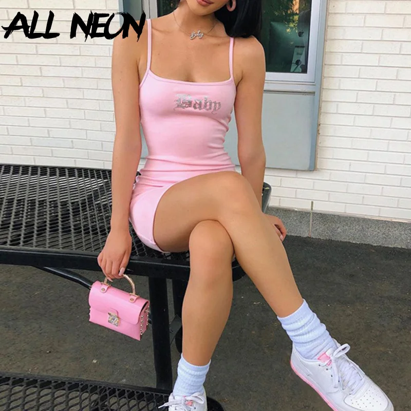 ALLNeon 2000s эстетика Стразы розовые короткие платья Y2K модная с принтом из букв в