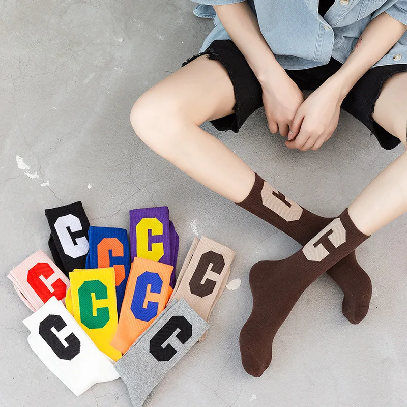 

korean style harajuku Letter C hip hop socks men women calcetines mujer chaussette femme japanese fashion couple long sport sock