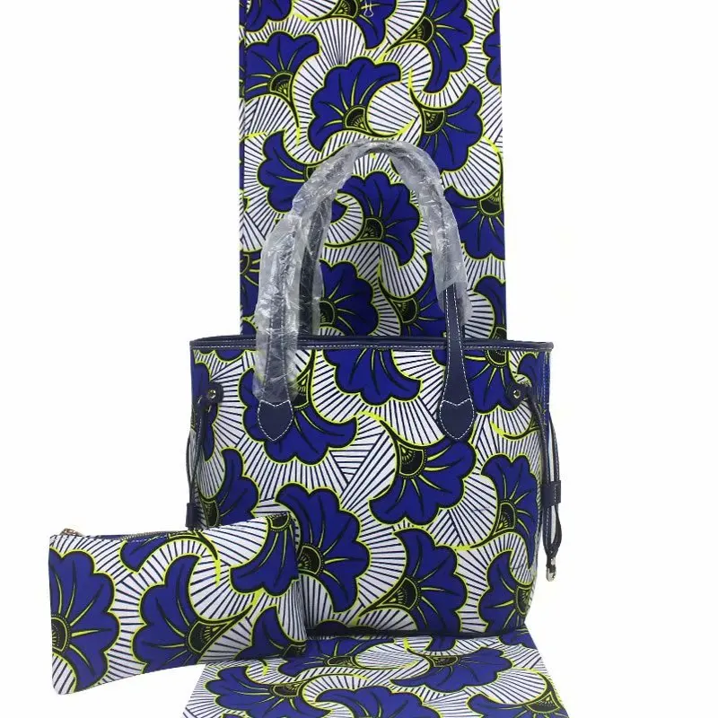 

Lasted Fashion african wax bag sets 3 pieces/set ankara wax handbag matching 6 yards african real soft wax printed fabric