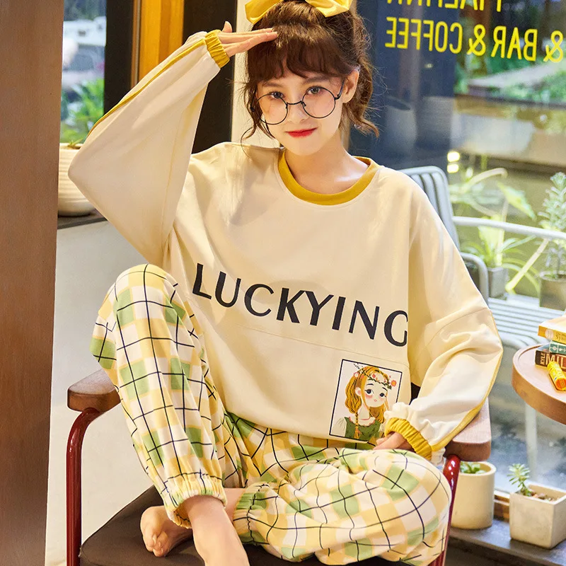 

Full Cotton Women Pajamas Set Cute Color Matching Pijamas Kawaii Print Girls Home Clothes Casual Loose Long Sleeve Warm Pijamas
