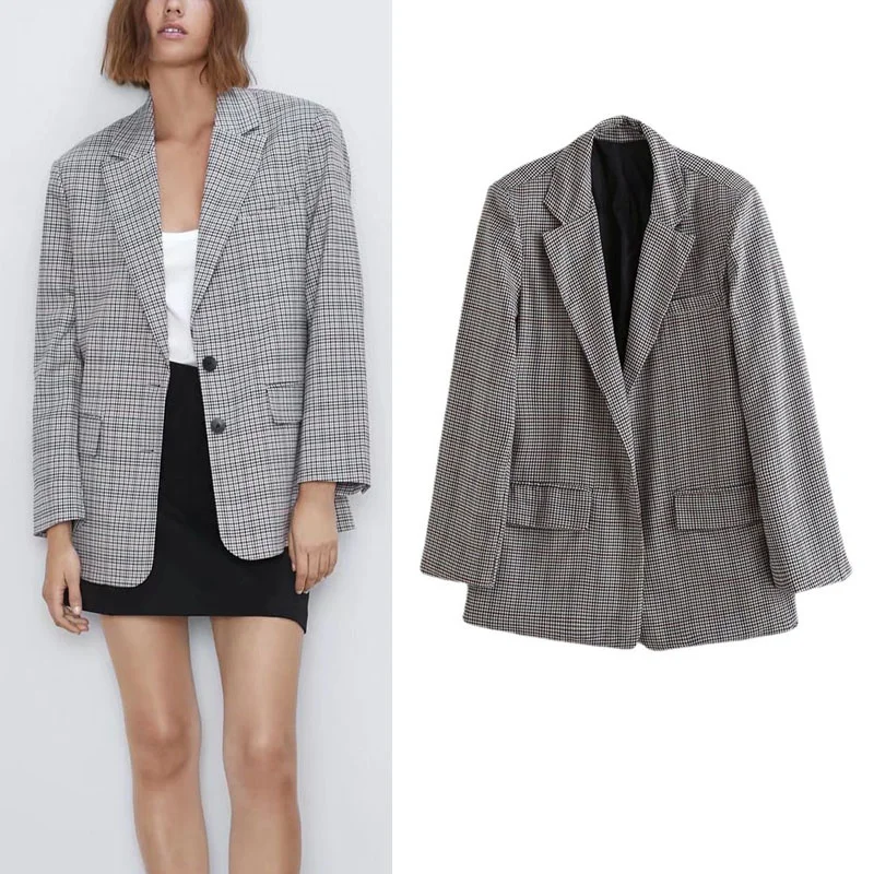 

Autumn Za Plaid Female Blazer 2021 Casual Lapel Long Sleeve Front Pocket Suits Vintage Button Up Office Back Slit Woman Blazers