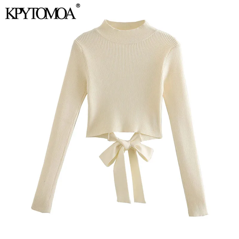 

KPYTOMOA женский модный с бантом укороченный вязаный свитер винтажный с длинным рукавом с открытой спиной женские пуловеры шикарные топы