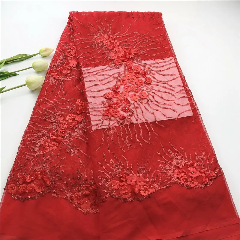 

beautiful beaded french lace fabric 2020 3D flowers embroidered net tulle lace fabric for lady party dress HSAU303
