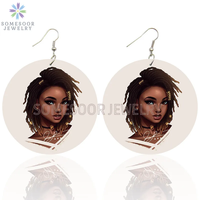 

SOMESOOR AFRO Black Beauty Curly Artistic Printed Wooden Drop Earrings Cute Girl Natural Hair Design Dangle For Women Gifts