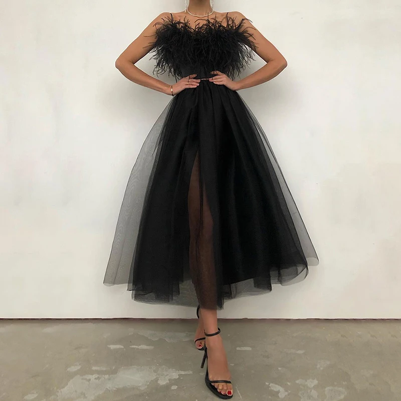 

2021 Summer Trendy Women Off Shoulder Strapless Feather Detail Sheer Mesh Sleeveless Female Wedding Wear Robes Black Long Dress
