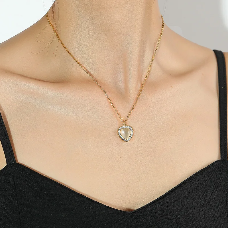 

Trendy Elegant Heart Real Cat Eye Stone Stainless Steel Pendant Necklace Jewelry for Wife Women Bridal Anniversary Wedding Gifts