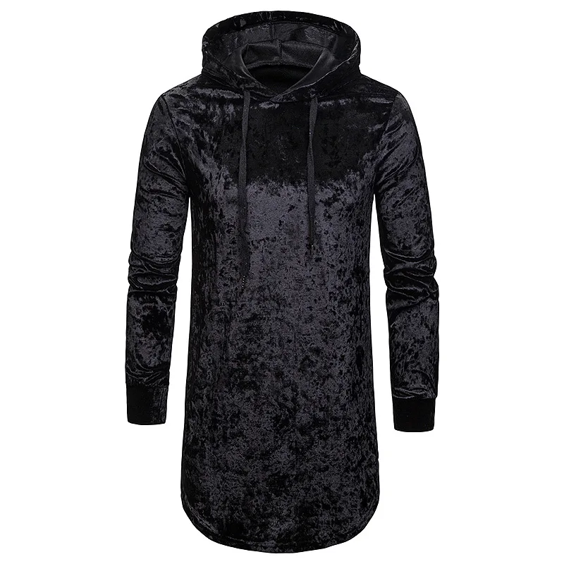 Черная очень длинная Мужская футболка с капюшоном Новинка осени 2020 бархатная