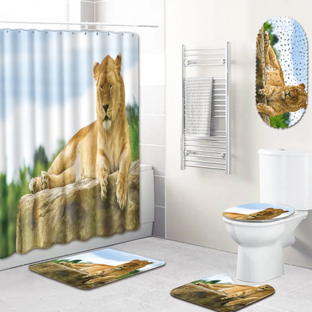 

Lion Shower Curtain Mat Combination Five-Piece Set Toilet Carpet Shower Room Mat Mat shower curtain set bath mats rugs