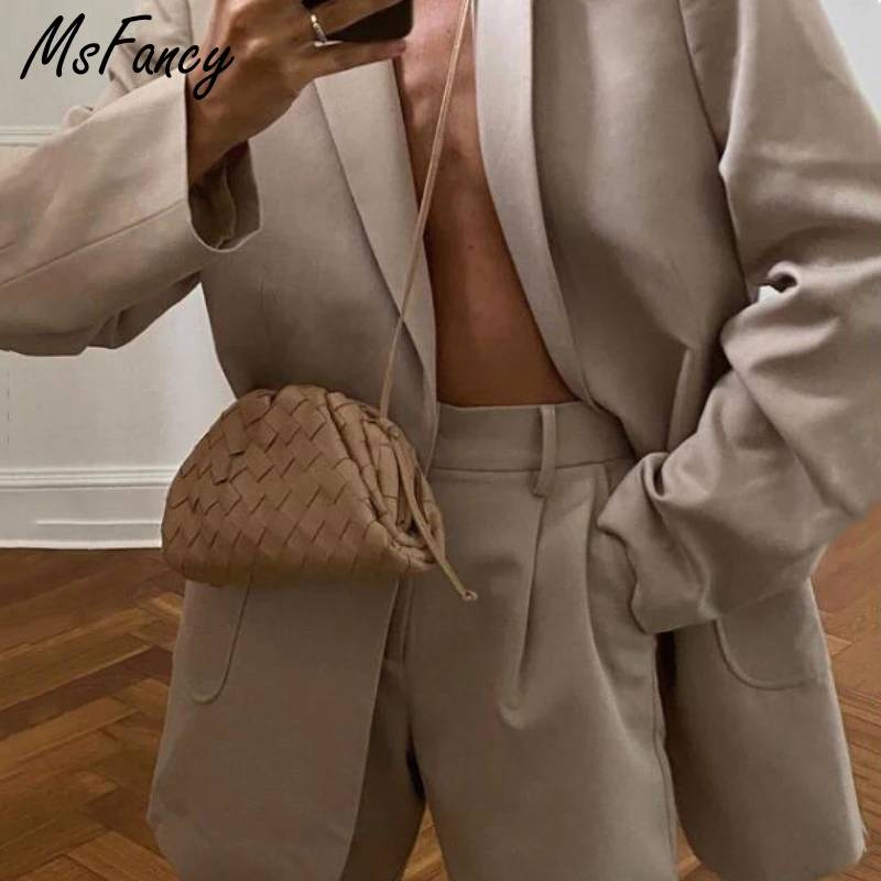 

Msfancy Blazer Set Women 2021 Single Breasted Blazer High Waist Wide Leg Pants Sets Mujer Elegant 2 Piece Suit