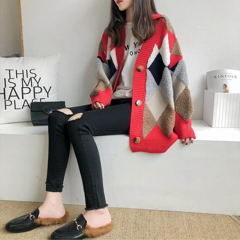 Loose Cardigan Sweater Coat Jacket Colorful Diamond Lattice Knit Korean Style Knitted Cardigan Single Breast Sweaters Women Tops