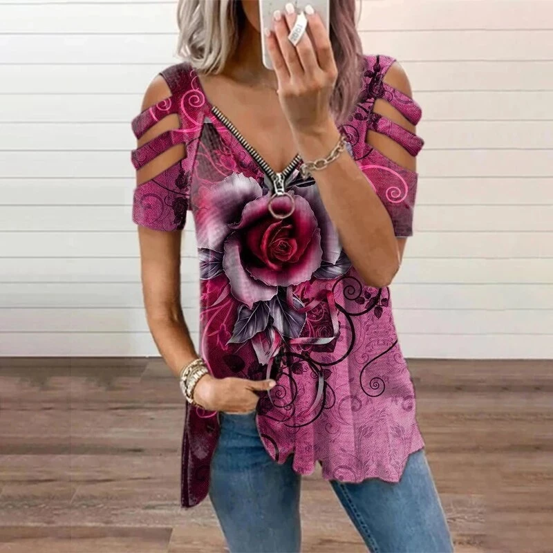 

Loose Casual Printing Rose Printing T-Shirt Top Summer Women's Short-Sleeved V-Neck Top Fashion Plus Size Shirt