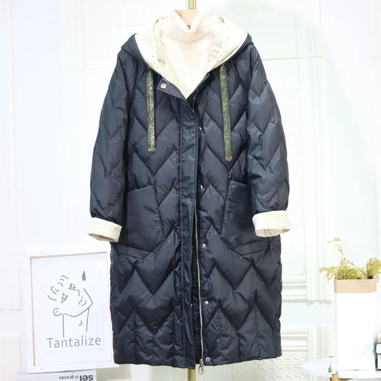 2021 New Arrival Middle Length Down Coat Women Hooded Loose Korean Style Argyle Plaid White Duck Down Coat Fashin Winter Clothes