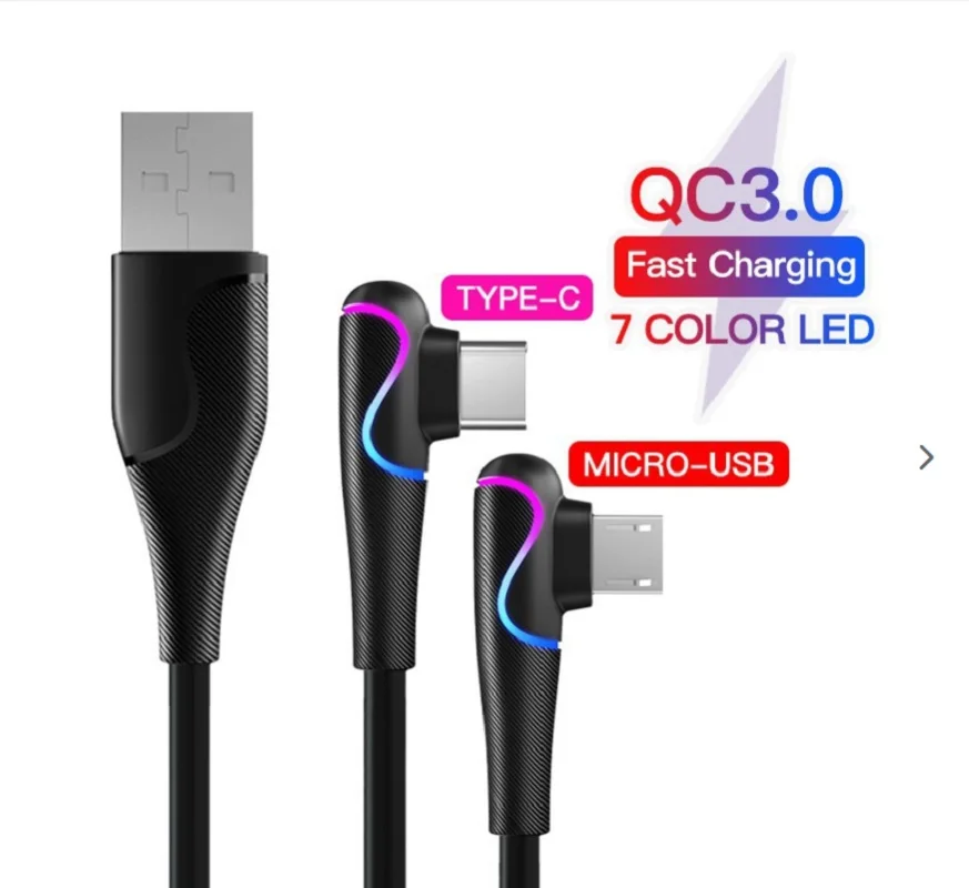 

3A Type C USB Fast Charging Cable Elbow Colorful Breathing Lights Data Cable Type-c USB Cable For iPhone Xiaomi Huawei Macbook