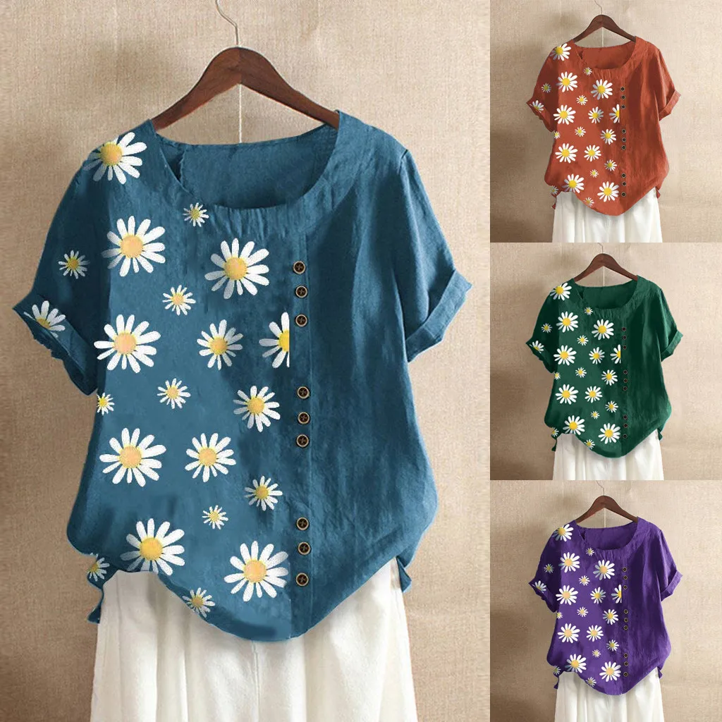 

Plus Size Fashion Linen Blouse Shirt Daisies Print Top Casual Summer Ladies Tops Female Women Short Sleeve Shirt Blusas Pullover