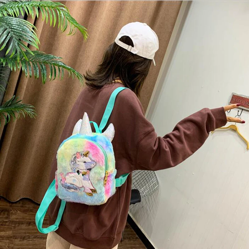Модный рюкзак для девочек Студенческая сумка с блестками и единорогом женский