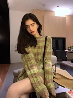 famou autumn new lazy avocado color white loose striped knitted sweater for women