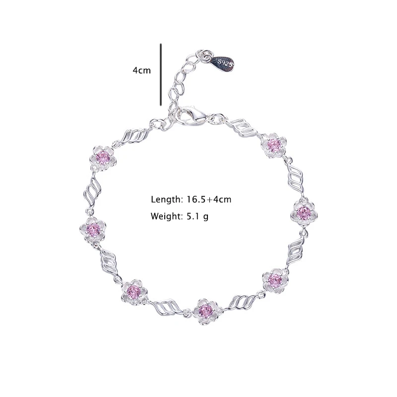 925 Sterling Silver Sweet Bracelet Pink Zircon Sakura Flower Charm Bracelets For Women INS Tennis Chain Jewelry 2021 Bangle