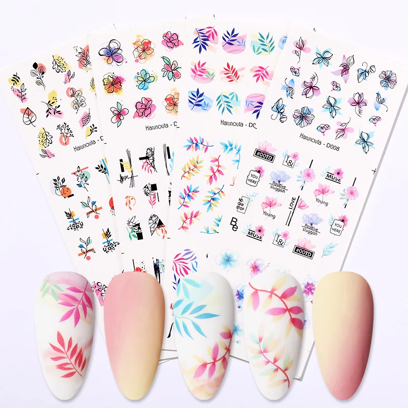 12 листов с яркими весенними цветами лист ногтей Водные Наклейки Абстрактная