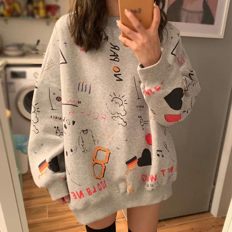 

Spring Autumn Thin Coat Korean Style Graffiti Student Loose Sweatshirts Women's OuterWear Pullover O-Neck New Knit All-Match Top