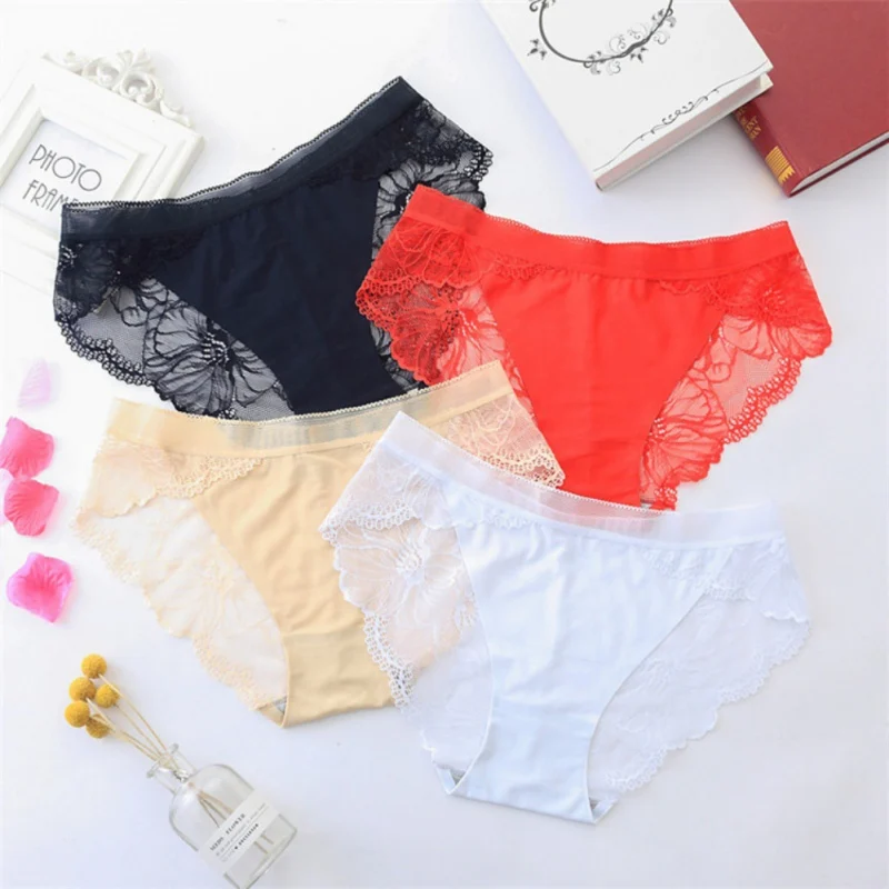 Sexy Lace Transparent Ladies Panties Perspective Mid-waist Ice Silk Briefs Solid Color Seamless Cotton Underwear For | Женская одежда
