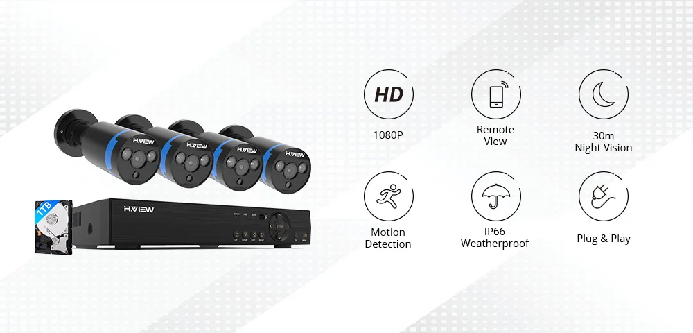 H. View камера безопасности Система 8ch CCTV система 4x1080 P CCTV камера система видеонаблюдения комплект Camaras Seguridad Home 1 ТБ HDD