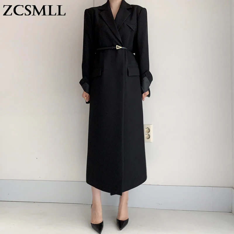 

ZCSMLL Korean Autumn French Elegant Lapel Women Jacket Double Pockets Knee-length Long Suit Windbreaker Jacket with Belt