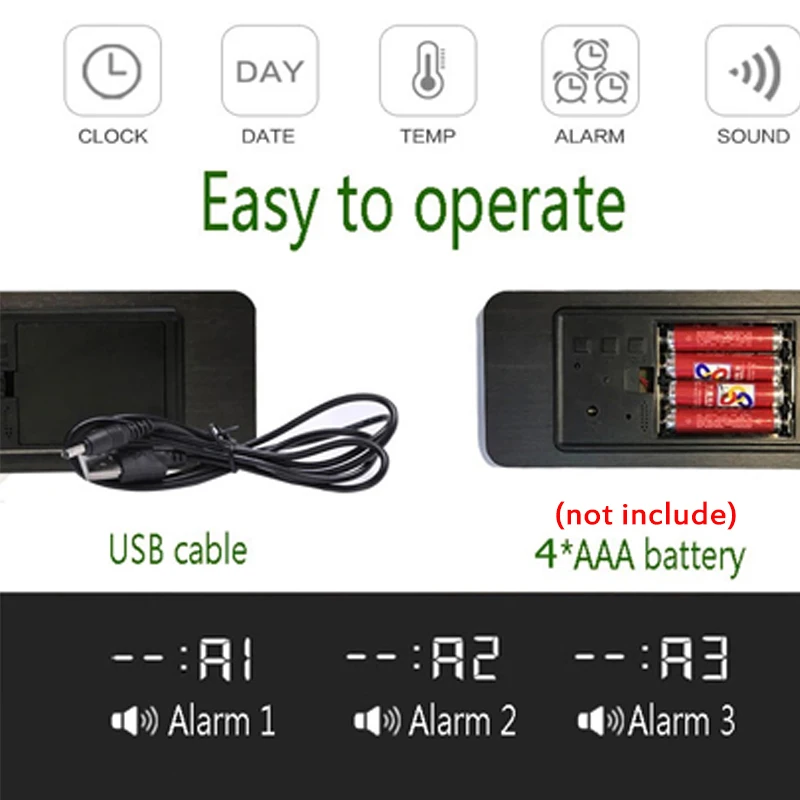 

Alarm Clock LED Digital Wood Clock Sound Control USB Powered Temperature Function Electronic Desktop Clock Home Decor