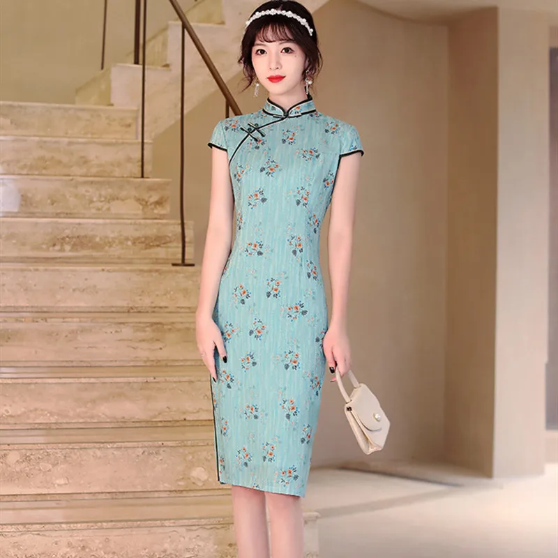 

Sexy Chinese Style Flower Printed Rayon Qipao Short Sleeve Satin Mandarin Collar Cheongsam Oriental Dress For Women