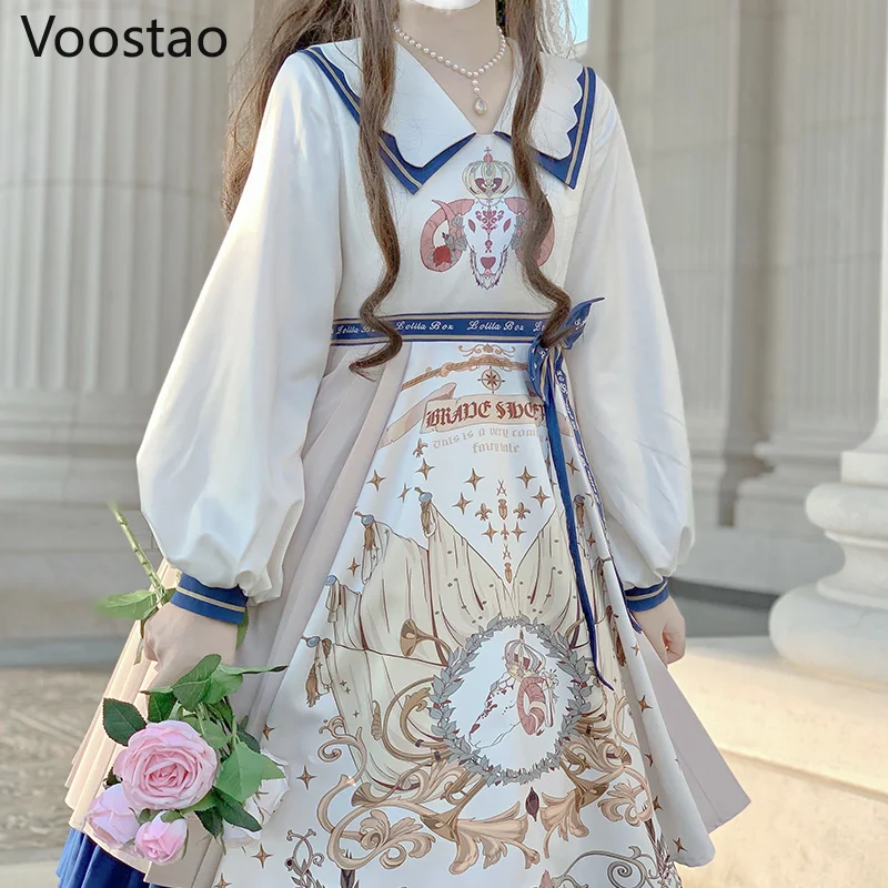 

Japanese Sweet Lolita OP Dress Women Elegant Cute Print Bow Party Dresses Female Kawaii Chic Ruffles Oversize Long Sleeve Dress
