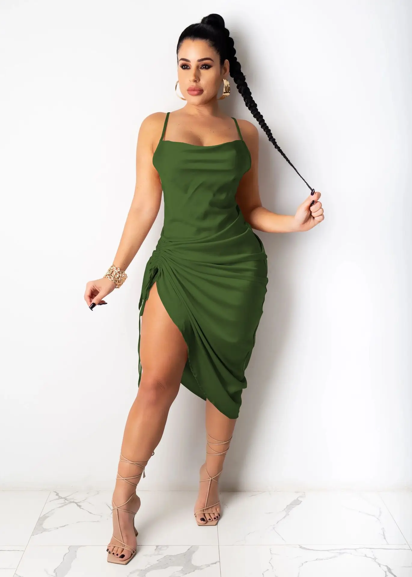 

Plus Size Ruched Satin Summer Drawstring Spaghetti Straps Cowl Neck Backless Long Dresses for Women Party Sexy Vestidos 2021 New