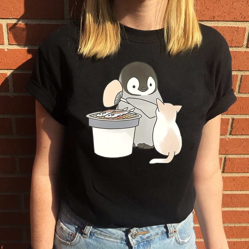 

Футболка женская оверсайз с коротким рукавом, хлопковая рубашка с рисунком ленивого пингвина и мультяшным принтом, одежда с графическим пр...