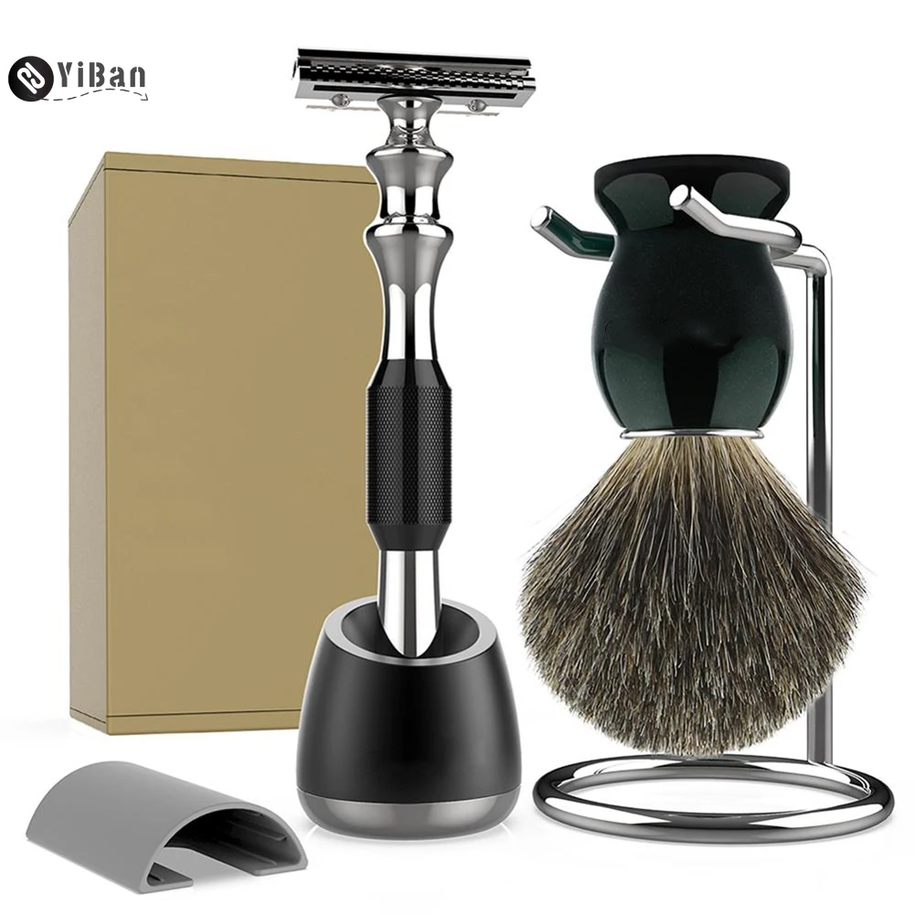 

Shaving Brush and Razor Set, Best Badger Hair Black Wood Handle Barber Safety Razor and Holder Stand for Men's Wet Shave