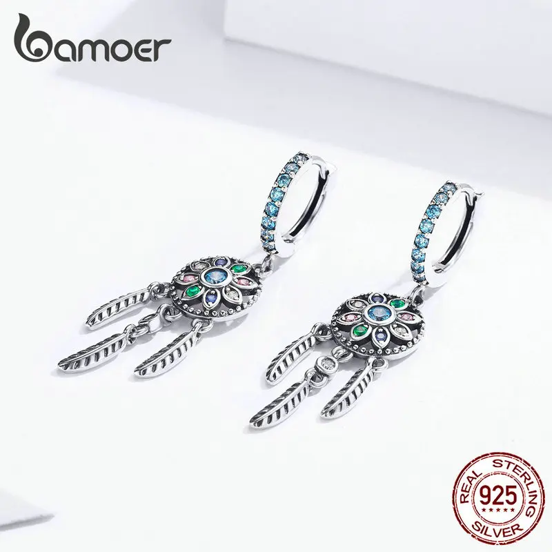 Bamoer Bohemia Ловец снов Висячие серьги для женщин Boho Стиль 925 пробы серебряные Модные Ювелирные изделия Подарки SCE713