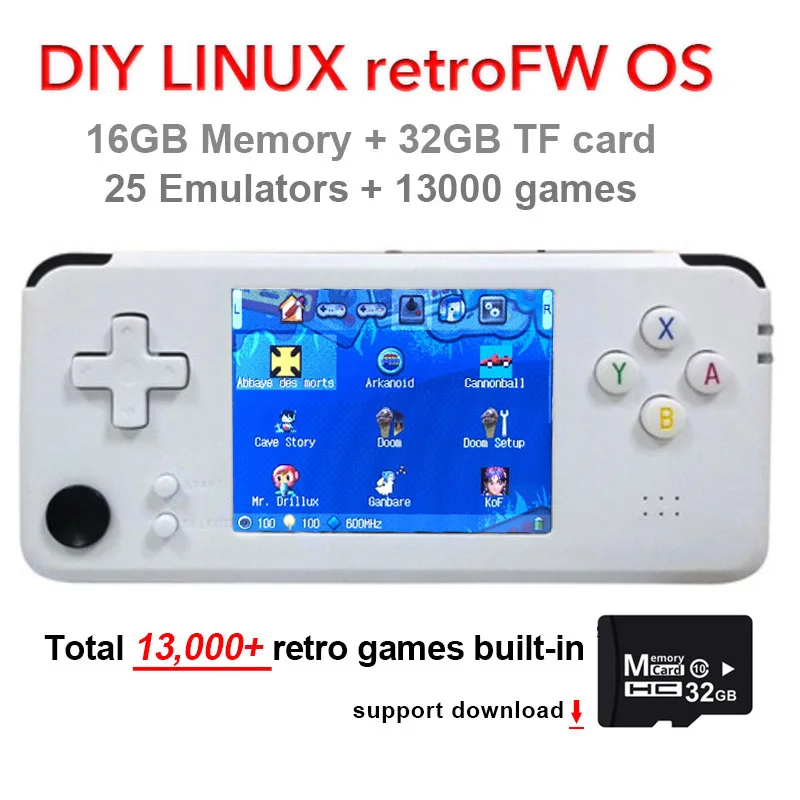 White retroFW OS 48G Обновленная RS97 Plus 60 Гц 3,0 дюймов Двойная система Ретро игровая консоль RetroFW OS портативный игровой плеер игры эмуляторы внутри - Color: White retroFW OS 48G