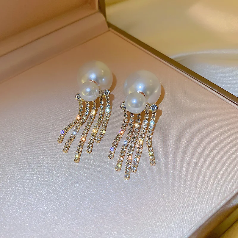 

925 Silver Needle Korean East Gate New Personality Two Wearing Freshwater Pearl Inlaid Diamond Tassel Earrings