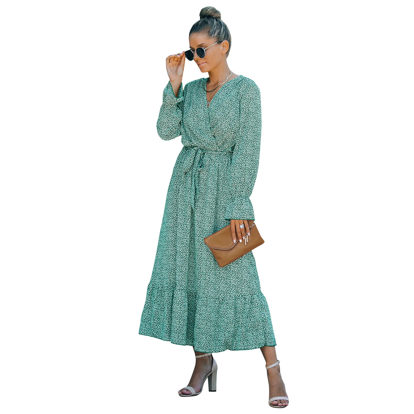 

Autumn Sexy V Neck Bohe Long Dress New Elegant Vintage Printed Split Party Dress Fashion Long Sleeve High Waist Dress Vestidos