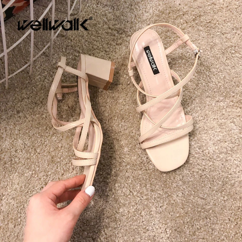 Wellwalk/женские босоножки на квадратном каблуке Летние кожаные вечерние туфли из