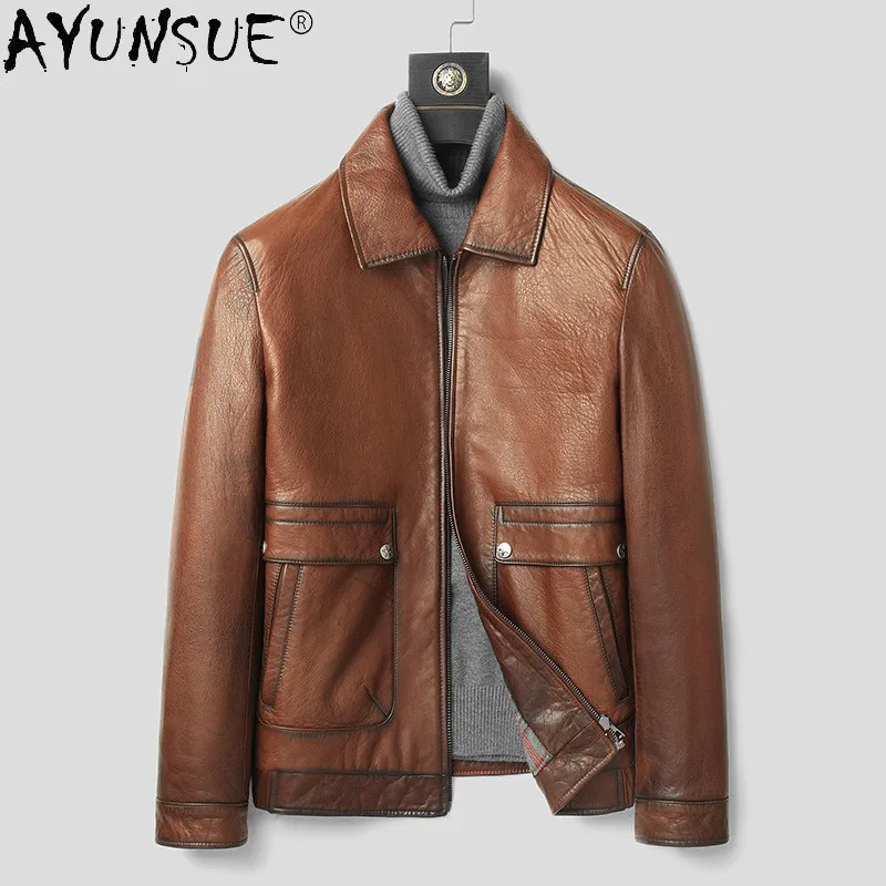 

AYUNSUE Man Jacket New Genuine Sheepskin Leather Jackets for Men Autumn Color Short Casual Clothes Mens Chaqueta Hombre LXR959