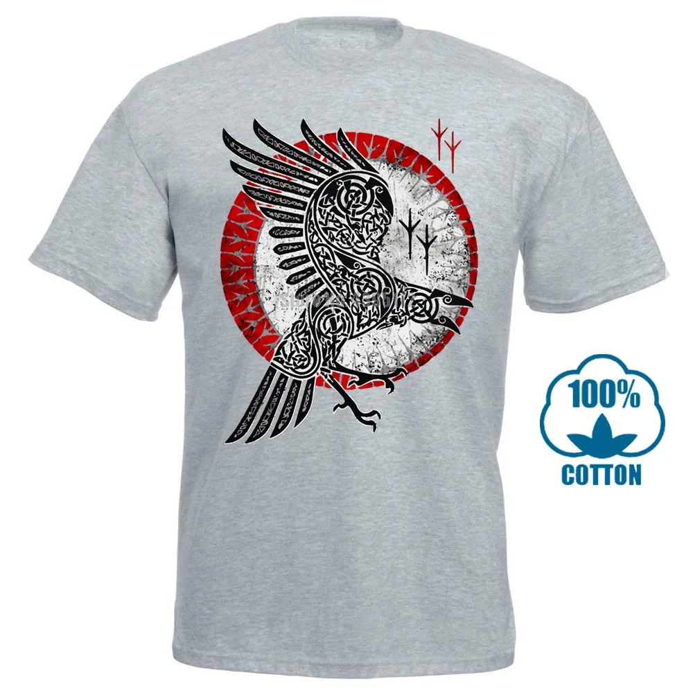 Серый Norse Raven футболка Hugin And Munin Valhalla в стиле норвежских викингов ОДИН Тор - Цвет: Серый