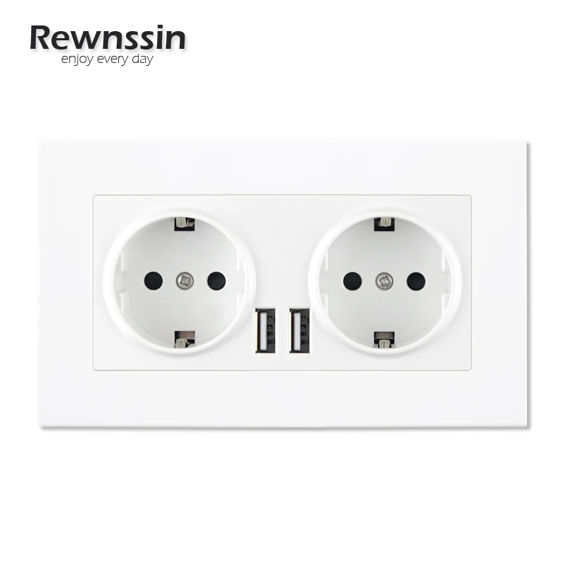 

Rewnssin 16A EU Standard Wall Plug Outlet 146mm*86mm 2 Gang Socket 110-250V White 2.1A Double USB Charging Ports Power Socket
