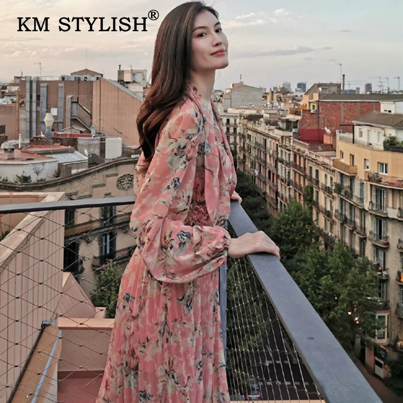 Женское шифоновое платье с принтом осеннее цветочным и бантом на воротнике