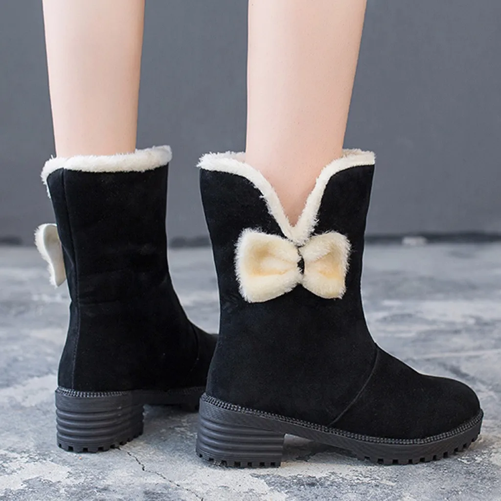 2019 женские зимние ботинки с круглым носком замшевые бантом Теплые ботильоны