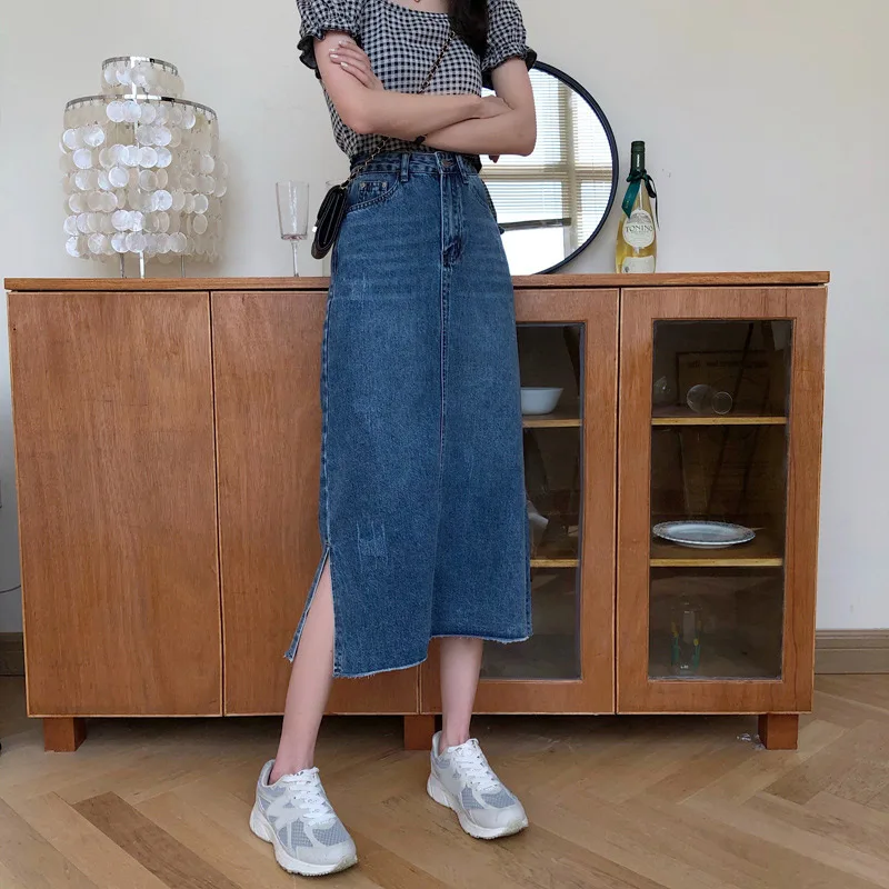 

Джинсовые женские юбки миди с высокой талией и Боковым Разрезом, однотонная прямая женская длинная юбка с карманами, модная повседневная же...