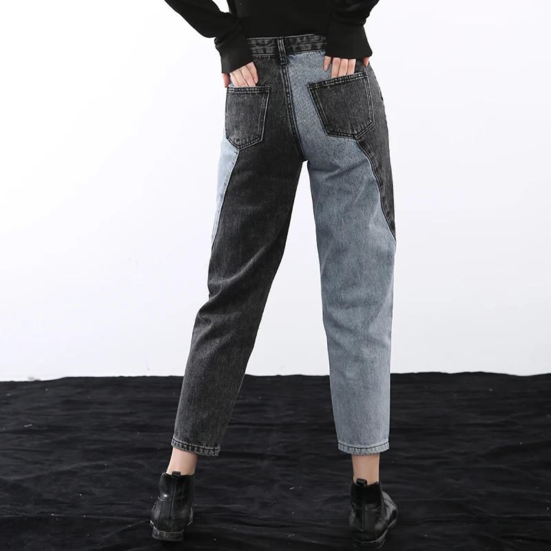 

[EAM] Black Blue Denim Wide Leg Contrast Color Jeans New High Waist Loose Women Trousers Fashion Spring Autumn 2021 1DD129401