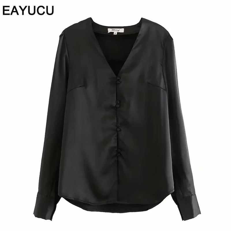 Элегантная черно-белая атласная шелковая Офисная Женская блузка eayuv новинка