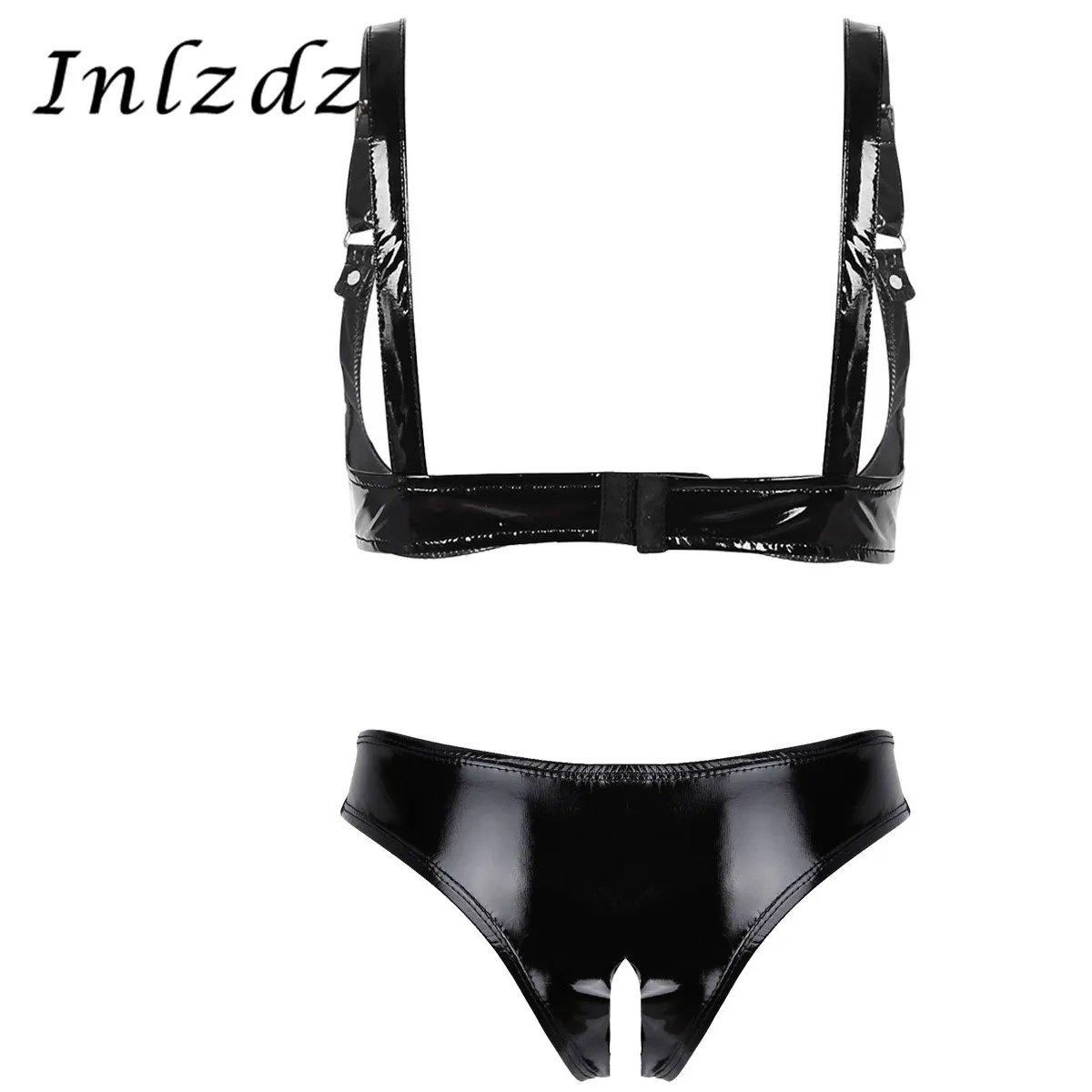 

Комплект женского сексуального белья из лакированной кожи с открытой чашкой и топом с открытой промежностью